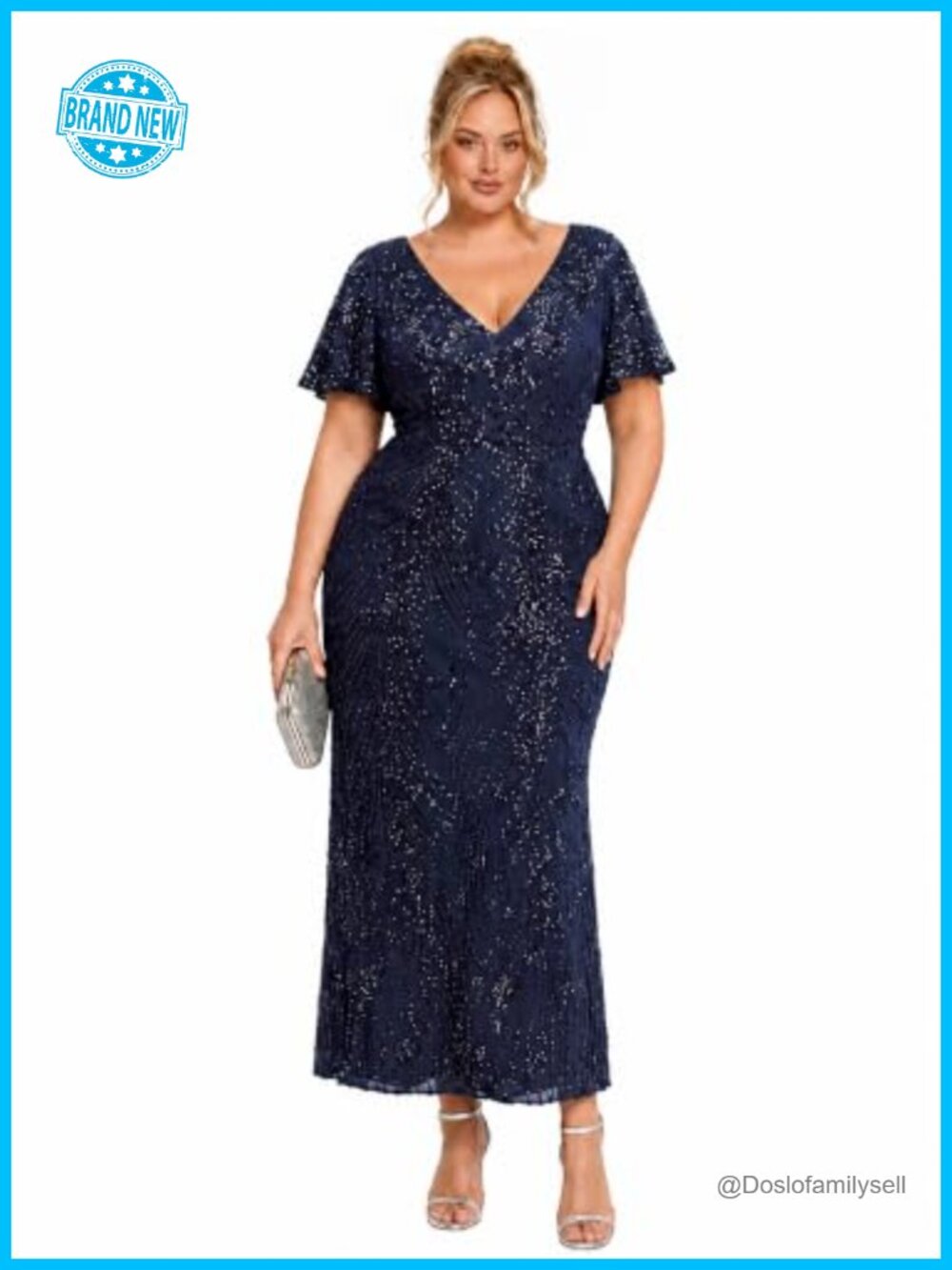 Plus Size Sequin Maxi Formal Wedding Guest Dress Ruffle Sleeve Mermaid